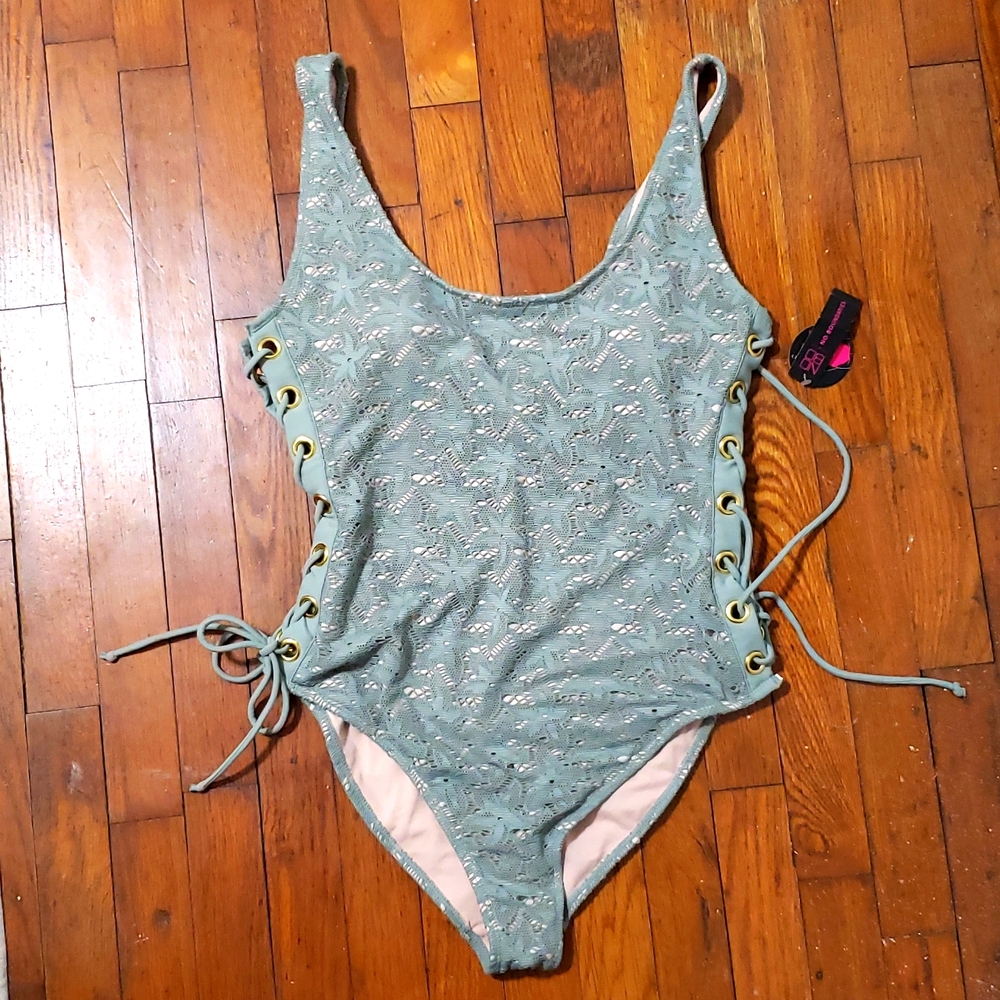No Boundaries XL(15-17) sage green cheeky 1pc swimsuit